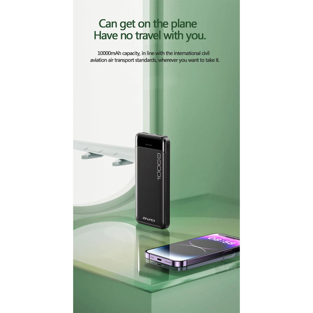 Picture of Awei P37K 10000mAh Powerbank Fast Charging 2.1A with Type C & USB Quick Charge 2 Dual Input Output Multiple Circuit Protection Digital Display