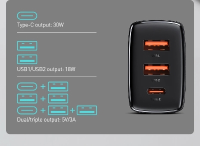 Picture of Baseus PD 30W Fast Charger For iPhone 14 Pro Max 13 PD3.0 QC3.0 USB Type C Quick Charger For Samsung Huawei Laptop Tablet