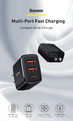 Picture of Baseus 30W USB C Adapter with USB A charger 2U+C 30W Type C PD Fast Charging 3 Ports USB Adapter