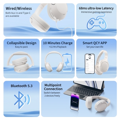 Picture of QCY H3 Lite ANC Wireless Headphones Bluetooth 5.3 Active Noise Cancelling Over Ear Headset 40mm Driver HiFi Sound Earphones