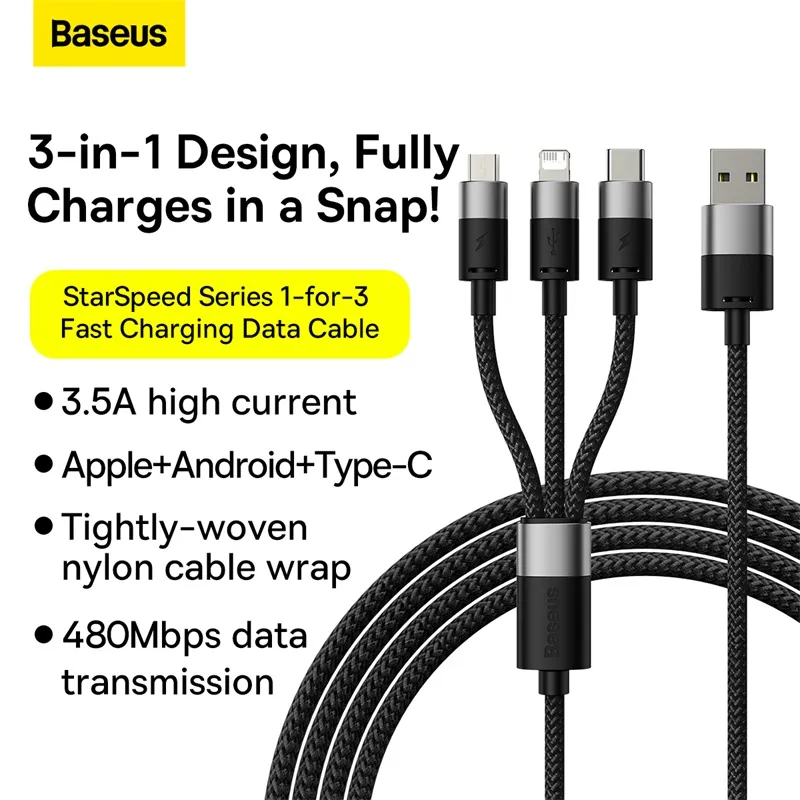 Picture of Baseus StarSpeed 1-for-3 Fast Charging Data Cable USB to M+L+C 3.5A 1.2m CAXS000001 - black