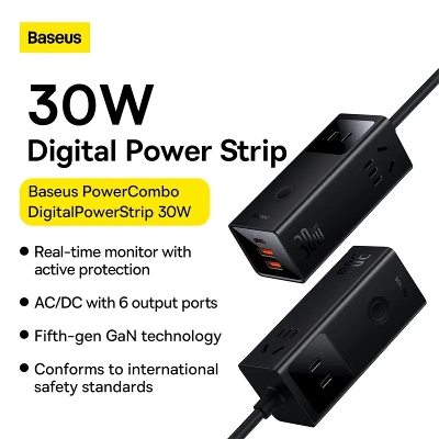 Picture of Baseus power combo digital power strip 3 ac+1 usb+2 type-c 30w with 1.5m power cord, cn plug - black