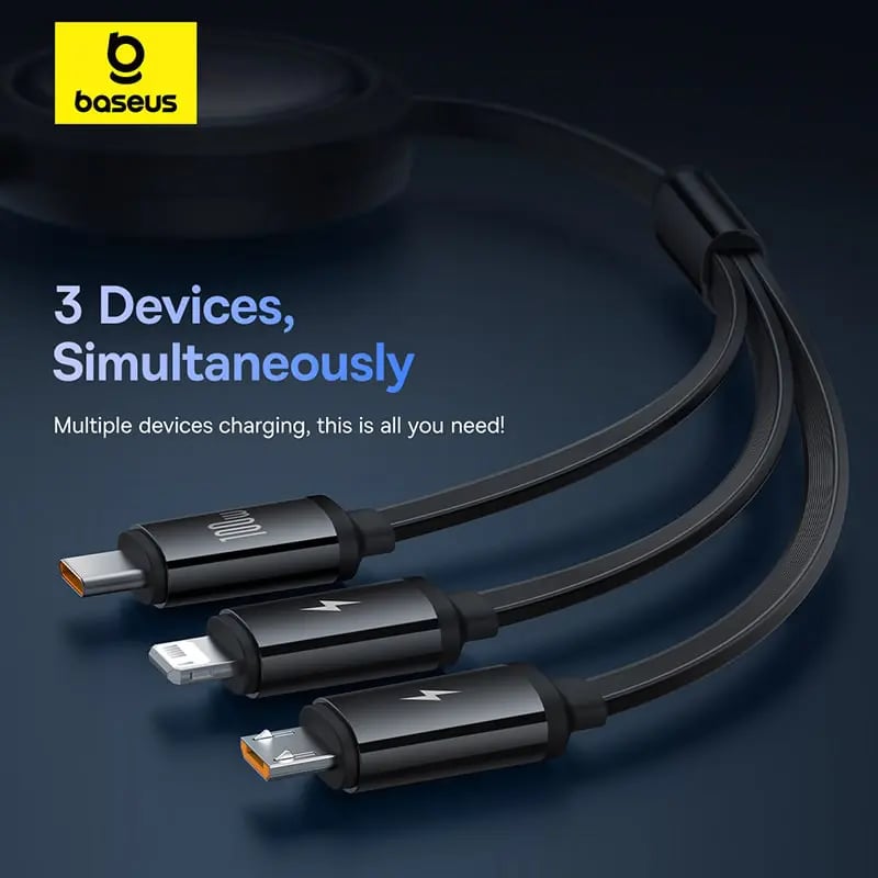 Picture of Baseus 100W Free2Draw Retractable Crystal Fast Charging Data Cable USB to M+L+C