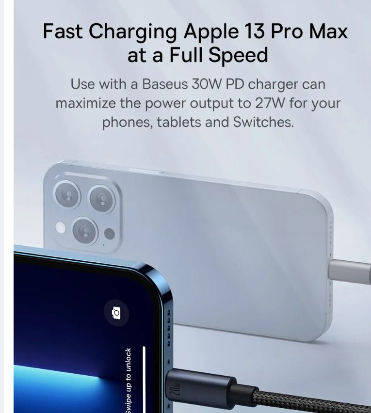 Picture of Baseus PD20W USB C Fast Charging Cable for iPhone 14 13 12 11 Pro Max USB C Data Sync iPhone Cable