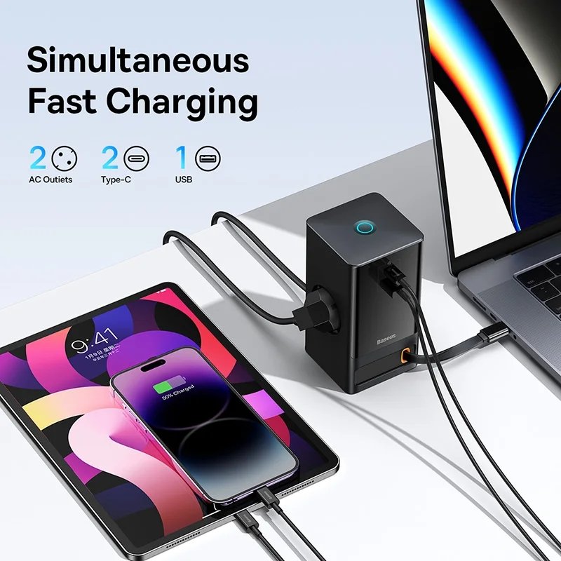 Picture of Baseus 65W GaN Fast Desktop Charger Digital Power Strip Touch Control 3AC Sockets For iPhone15 Samsung Tablet