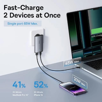Picture of Baseus 65W GaN5 Charger Quick Charge 4.0 3.0 Type C PD USB Charger Portable Travel Charger Fast Charging For iP 14 13