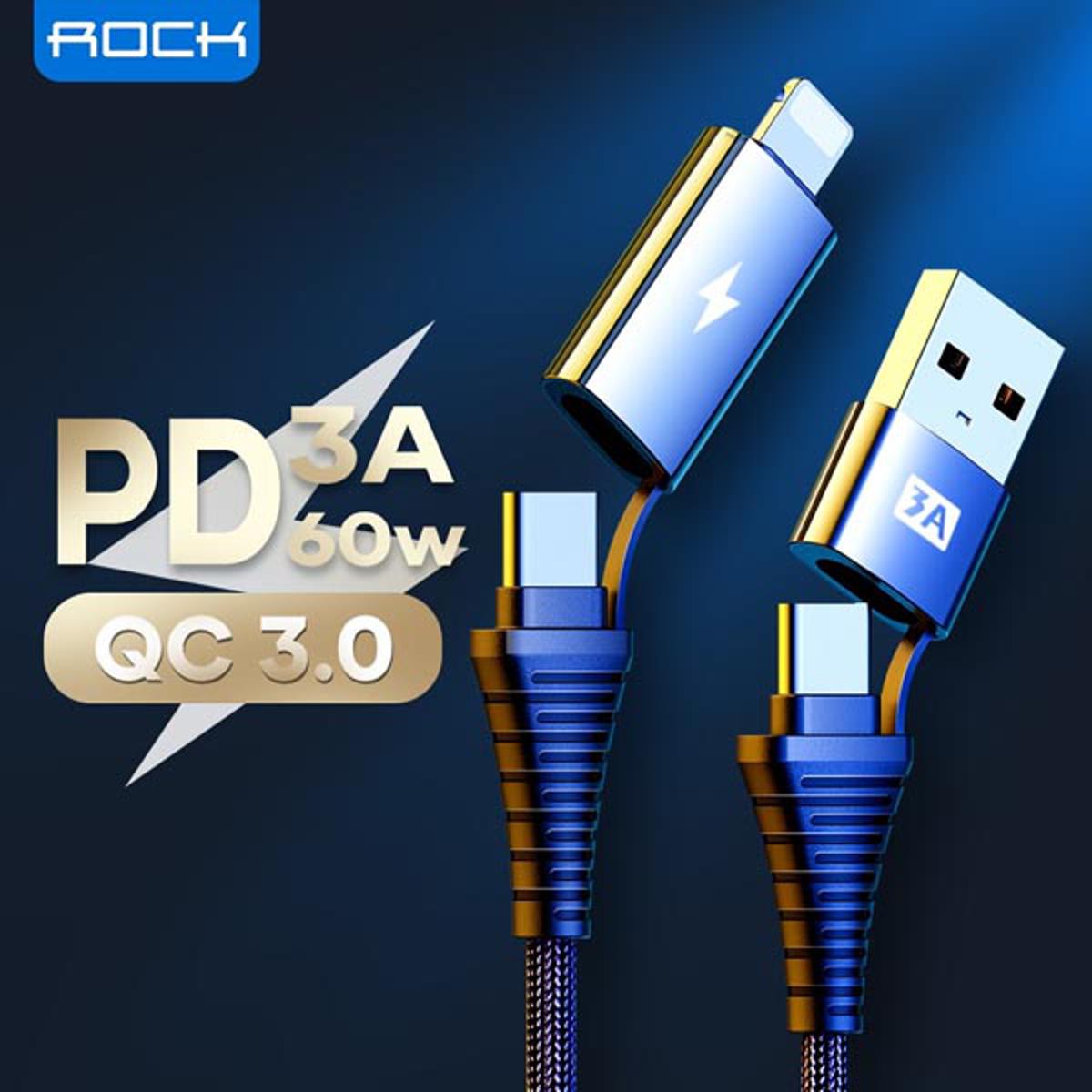 Picture of ROCK R12 Multifunction PD Fast Charging 4 In 1 3A Micro USB & Type-C to 8 Pin & Type-C Braided Data Cable, Length: 1m (Black)
