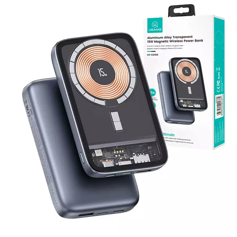 Picture of USAMS US-CD184 PB67 PD20W+QC3.0 Power Bank Transparent Portable Charger 10000mah 22.5W External Battery 15W Magnetic Wireless Charger