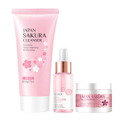 Picture of Laikou skin care product Sakura Skincare Set Cleanser 50G/Sakura Serum 17ml/Face Cream 25G