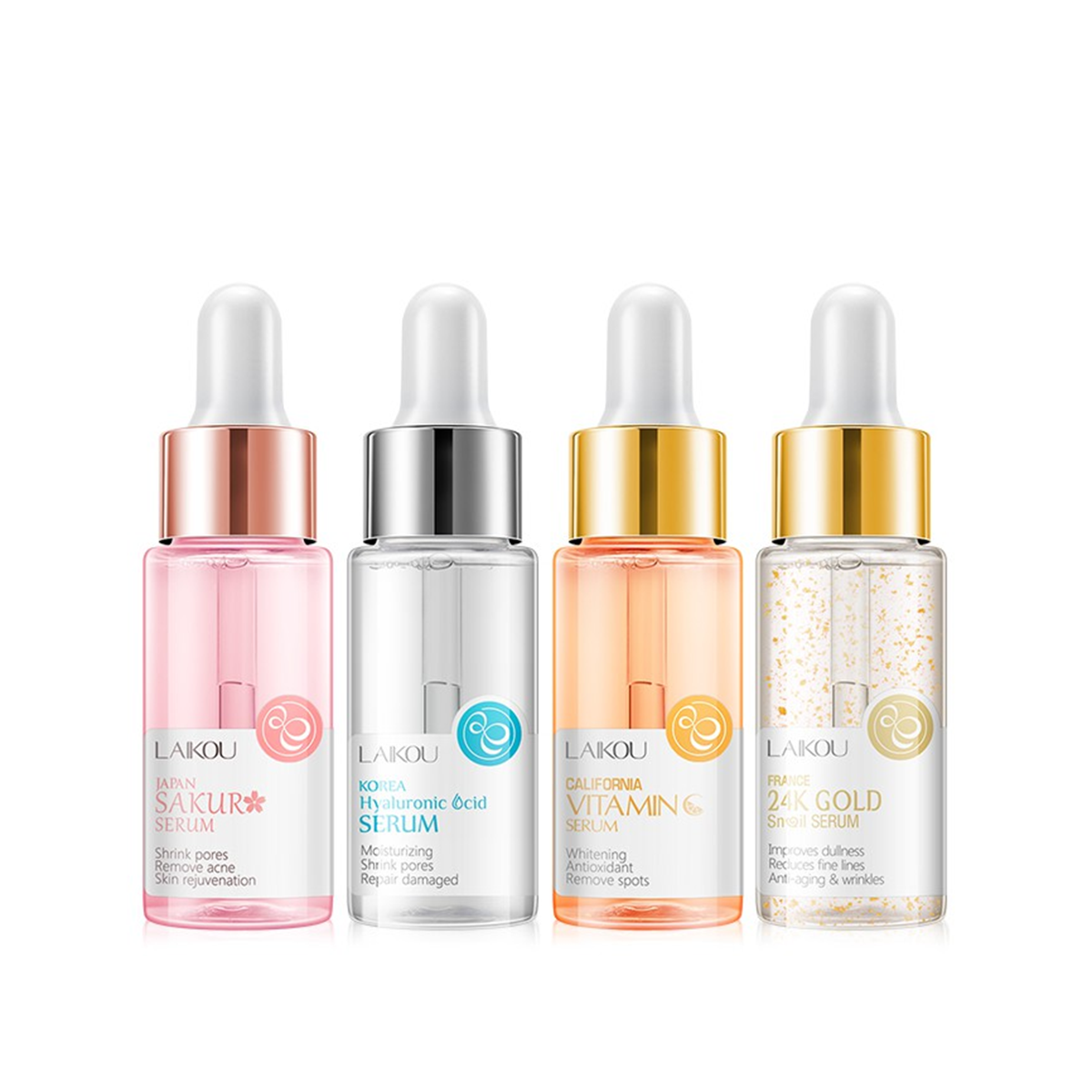 Picture of Laikou Japan Sakura/Hyaluronic Acid/California Vitamin C/France 24k Gold snail serum 4 PCS Combo Pack