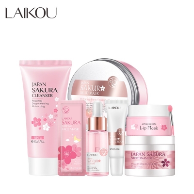 Picture of Laikou Sakura Skin Care Products 7Pcs [Face wash 50, Mask 3g, Serum 17ml, Eye Cream 15g, Lip Mask, Sakura Essence 25g, Mud Mask 90g]