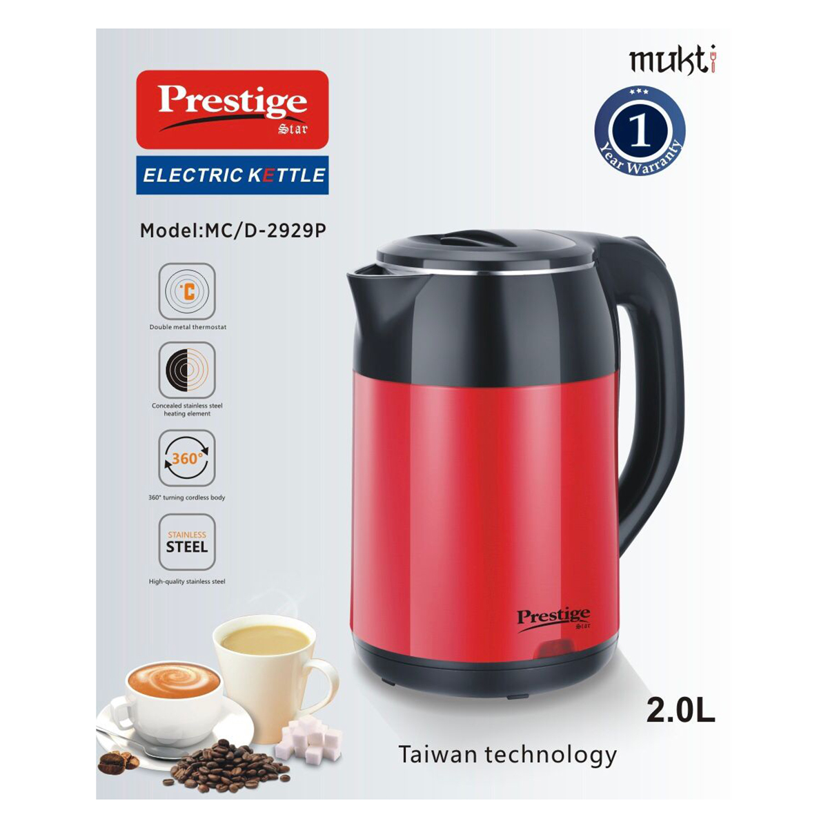 Picture of Prestige Electric Kettle 2.0L - Elevate Your Tea and Coffee Experience with Swift Boiling Efficiency