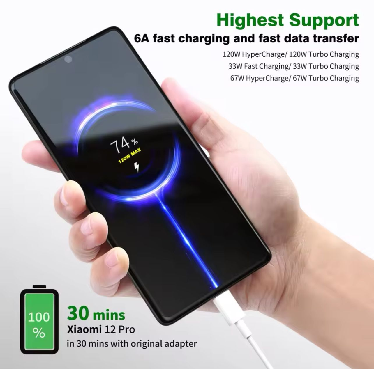 Picture of Xiaomi Type-C 6A 33w 65w 120w Turbo Charger Cable Quick Charging Type C USB