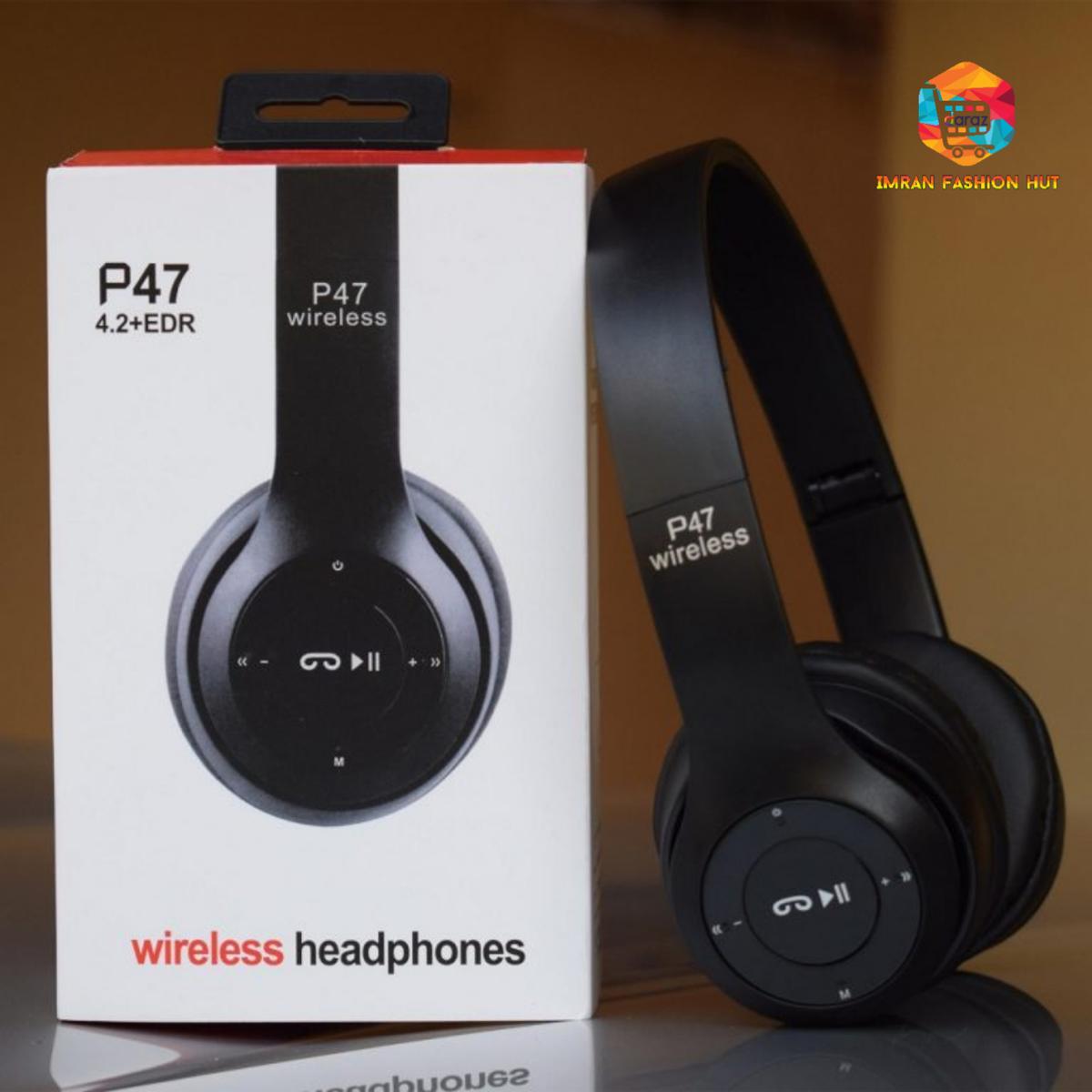 Picture of Wireless Headphones, P47 Bluetooth Over Ear Foldable Headset with Microphone Stereo Earphones 3.5mm Audio Support FM Radio TF for PC TV Smart Phones & Tablets etc (Black) - Headphone