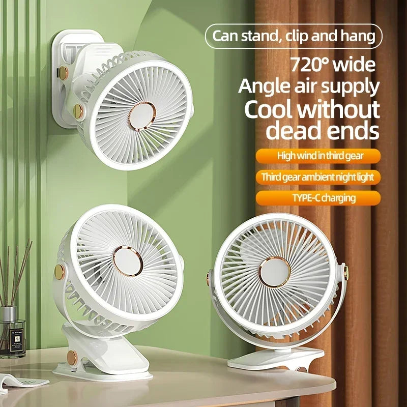 Picture of Camping Fan Rechargeable Desktop Portable Air Circulator Wireless Ceiling Electric Fan With LED Light Clip-on Home Fan