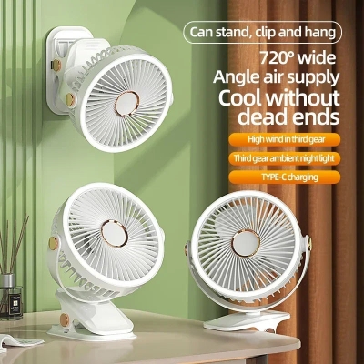 Picture of Camping Fan Rechargeable Desktop Portable Air Circulator Wireless Ceiling Electric Fan With LED Light Clip-on Home Fan