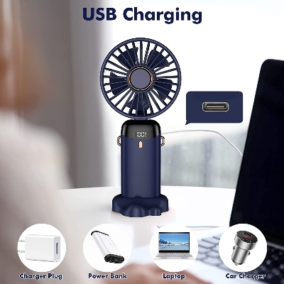 Picture of Rechargeable Portable Mini Fan-Blue, 4000mAh Battery, 5 Speed ​​Small Pocket Fan with Base, Foldable Desk Fan, Suitable for Office, Outdoors