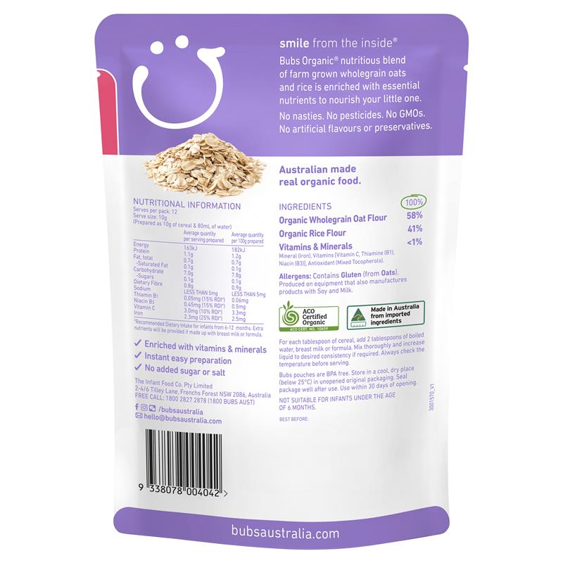 Picture of Bubs Organic Baby Oats- 500gm (Made in Australia)