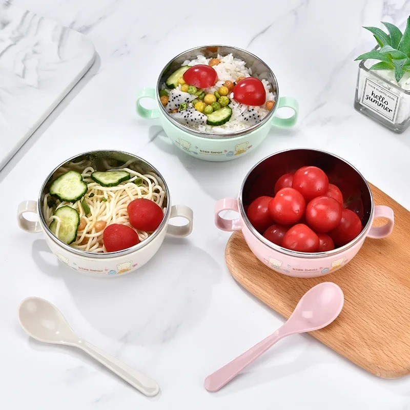Picture of Baby Stainless Steel Feeding Bowl And Spoon Set With Lids and Handle