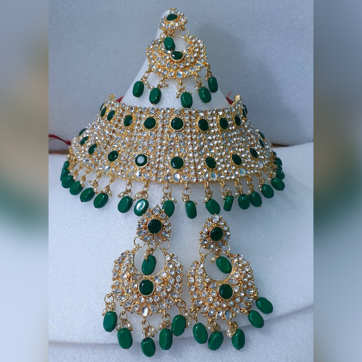 Picture of Bridal Traditional Wedding Ornament / Exclusive Fashion Party Choker Necklace Earrings & Tikli Jewellery Set For Women