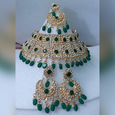 Picture of Bridal Traditional Wedding Ornament / Exclusive Fashion Party Choker Necklace Earrings & Tikli Jewellery Set For Women