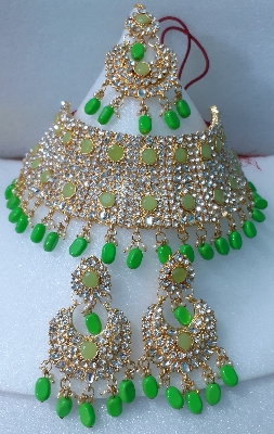 Picture of Bridal Traditional Wedding Ornament / Exclusive Fashion Party Choker Necklace Earrings & Tikli Jewellery Set For Women