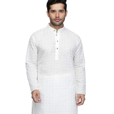 Picture of White Chicken Fabric Panjabi For Men | Indian cotton panjabi for men |