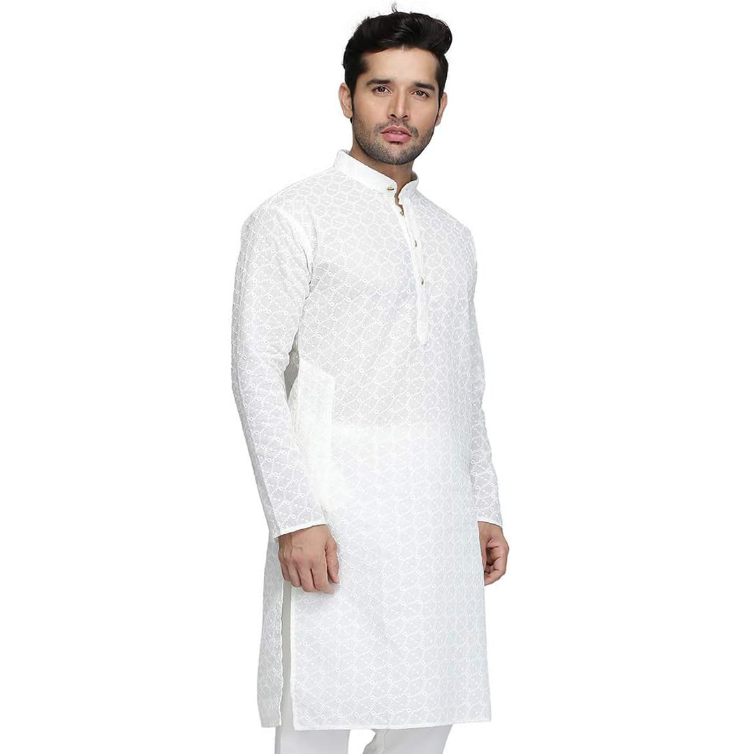Picture of White Chicken Fabric Panjabi For Men | Indian cotton panjabi for men |