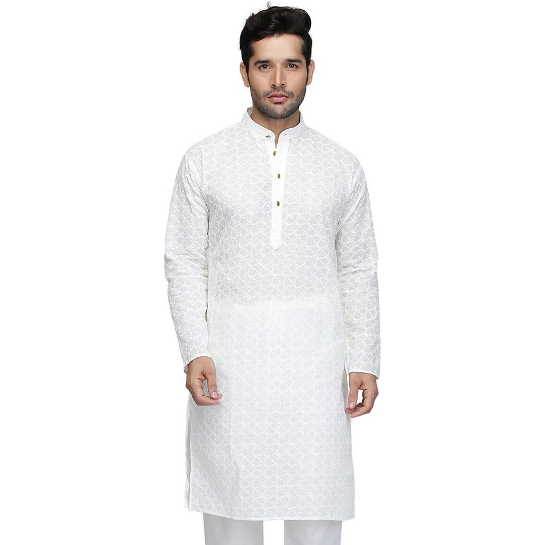 Picture of White Chicken Fabric Panjabi For Men | Indian cotton panjabi for men |