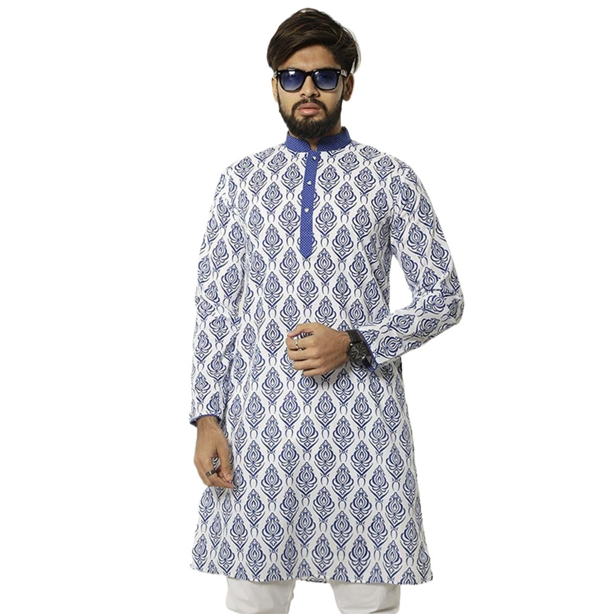 Picture of Panjabi for men cotton white printed | Premium panjabi for men new collection 2024 | Panjabi for men new collection 2024 stylist | Printed white panjabi for men new collection 2024 brand