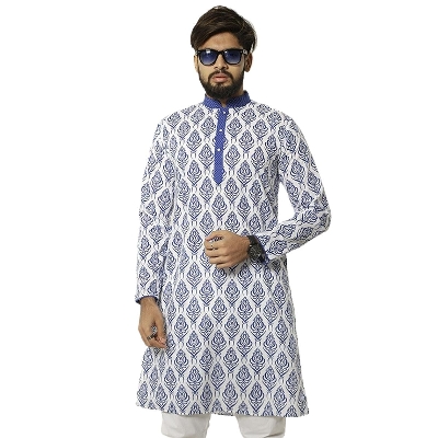 Picture of Panjabi for men cotton white printed | Premium panjabi for men new collection 2024 | Panjabi for men new collection 2024 stylist | Printed white panjabi for men new collection 2024 brand