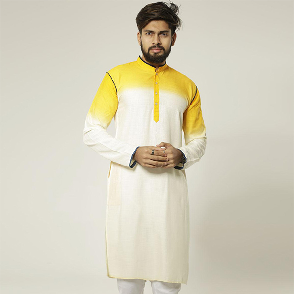 Picture of Stylish panjabi for men new collection 2024 brand | low price kurta for men new collection 2024 | 100% Cotton fabrics for panjabi - gaye holud | wedding dress for men | Blue , yellow and red panjabi for men