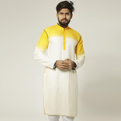 Picture of Stylish panjabi for men new collection 2024 brand | low price kurta for men new collection 2024 | 100% Cotton fabrics for panjabi - gaye holud | wedding dress for men | Blue , yellow and red panjabi for men