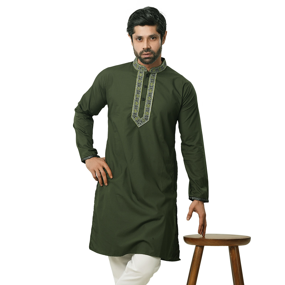 Picture of Panjabi for men cotton olive | premium panjabi for men new collection 2024 | Olive panjabi for men new collection 2024 stylist | panjabi for men new collection 2024 brand
