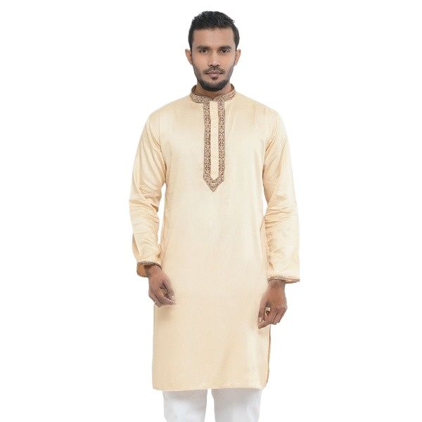 Picture of Light Cream Color Embroidery Panjabi For Men | Smart Semi Long Panjabi For Men | Off white panjabi new collection for men 2024