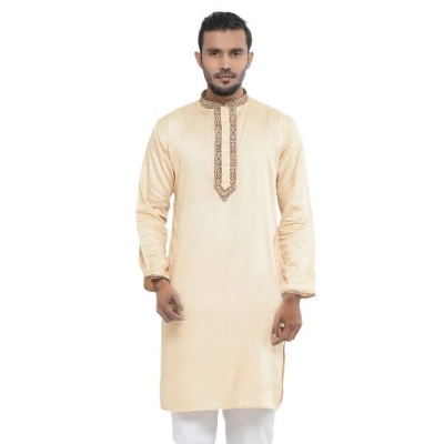 Picture of Light Cream Color Embroidery Panjabi For Men | Smart Semi Long Panjabi For Men | Off white panjabi new collection for men 2024