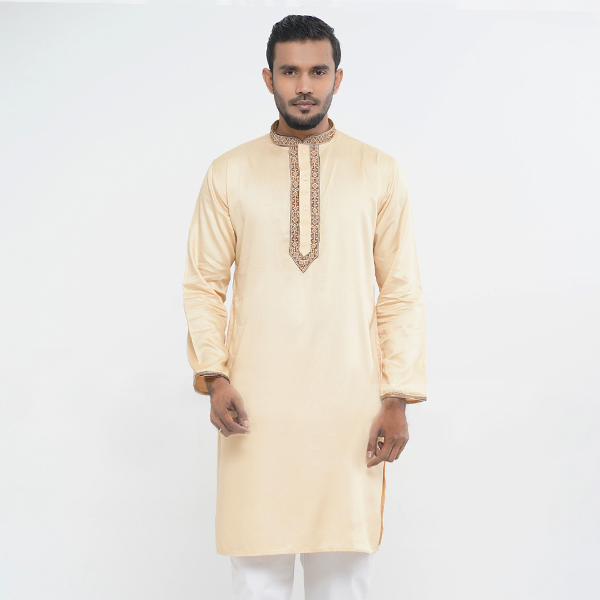 Picture of Light Cream Color Embroidery Panjabi For Men | Smart Semi Long Panjabi For Men | Off white panjabi new collection for men 2024