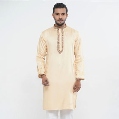 Picture of Light Cream Color Embroidery Panjabi For Men | Smart Semi Long Panjabi For Men | Off white panjabi new collection for men 2024