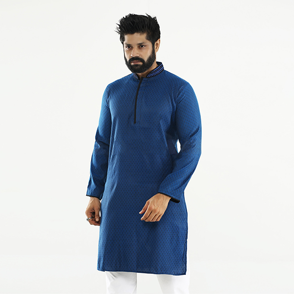 Picture of Cyan and black panjabi for men new collection 2024 stylist | cotton panjabi for men new collection 2024 | Printed casual panjabi collection low price