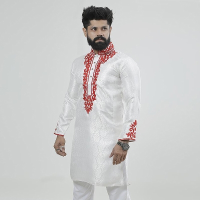 Picture of Panjabi for men white colour and red | Panjabi for men white and red |  Boishakhi panjabi for men | Panjabi for men pohela boishak | Boisakhi exclusive semi long panjabi | PN20
