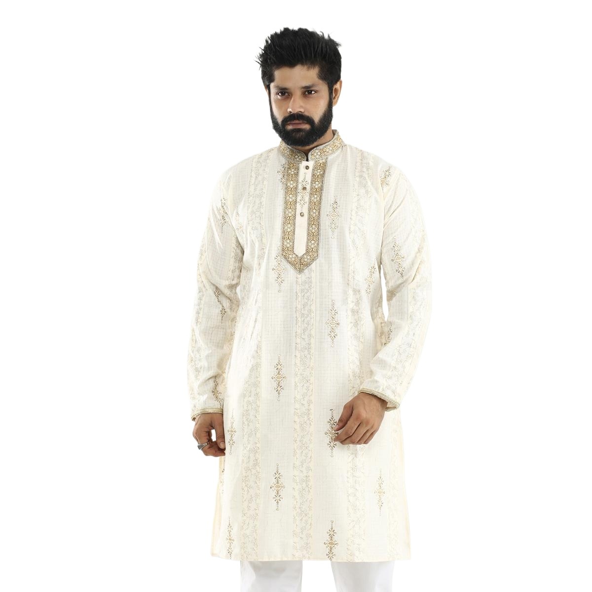 Picture of Indian panjabi for men new collection 2024 | Indian panjabi for men stylish | Printed golden mens panjabi