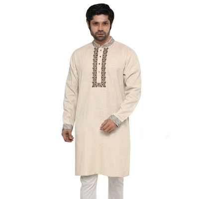 Picture of Golden panjabi for men new collection 2024 eid | Indian panjabi collection for men golden black | Khaki colour high quality panjabi at low price - Embroidery design Panjabi