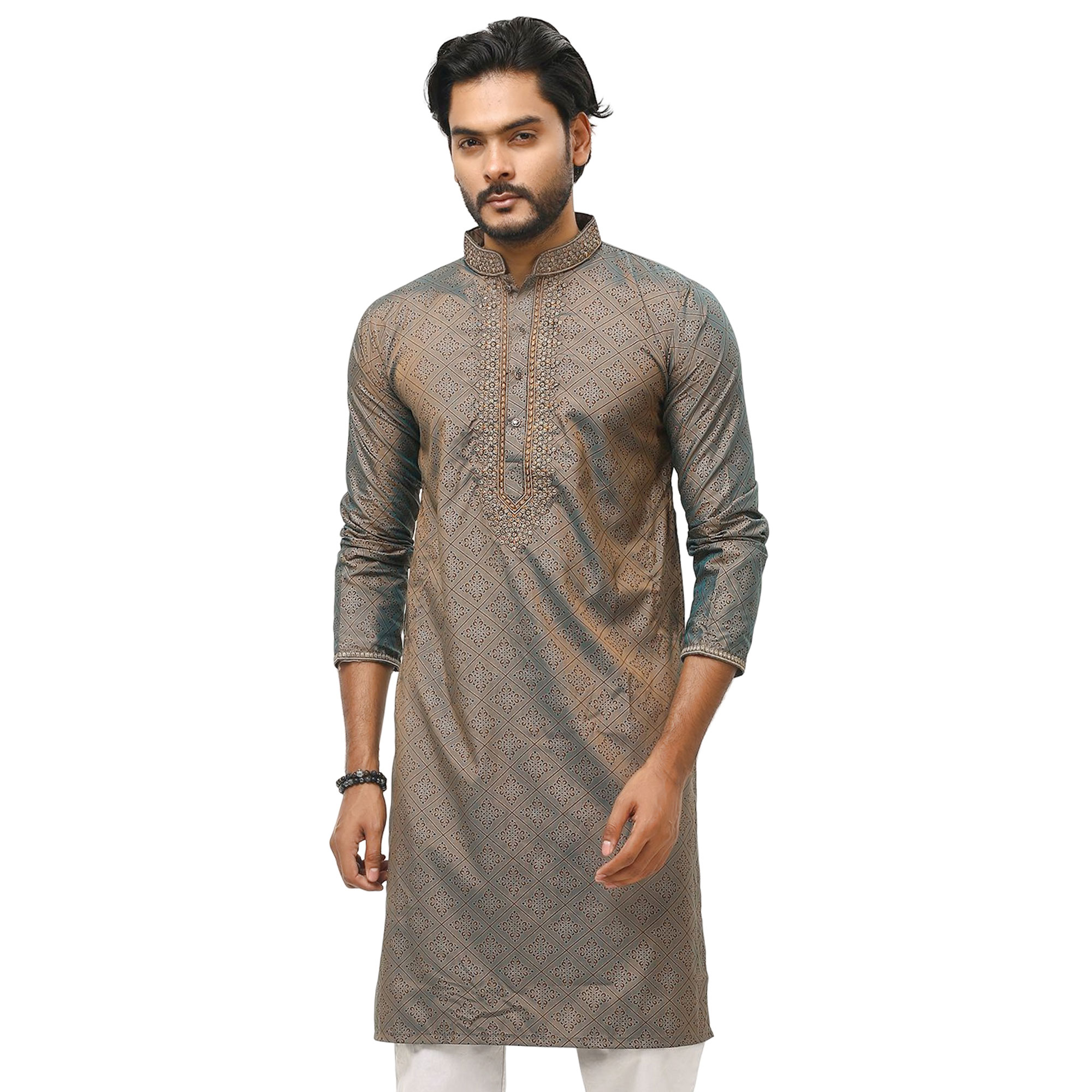 Picture of Printed panjabi for men new collection 2023 eid | Gray and golden colour panjabi for men