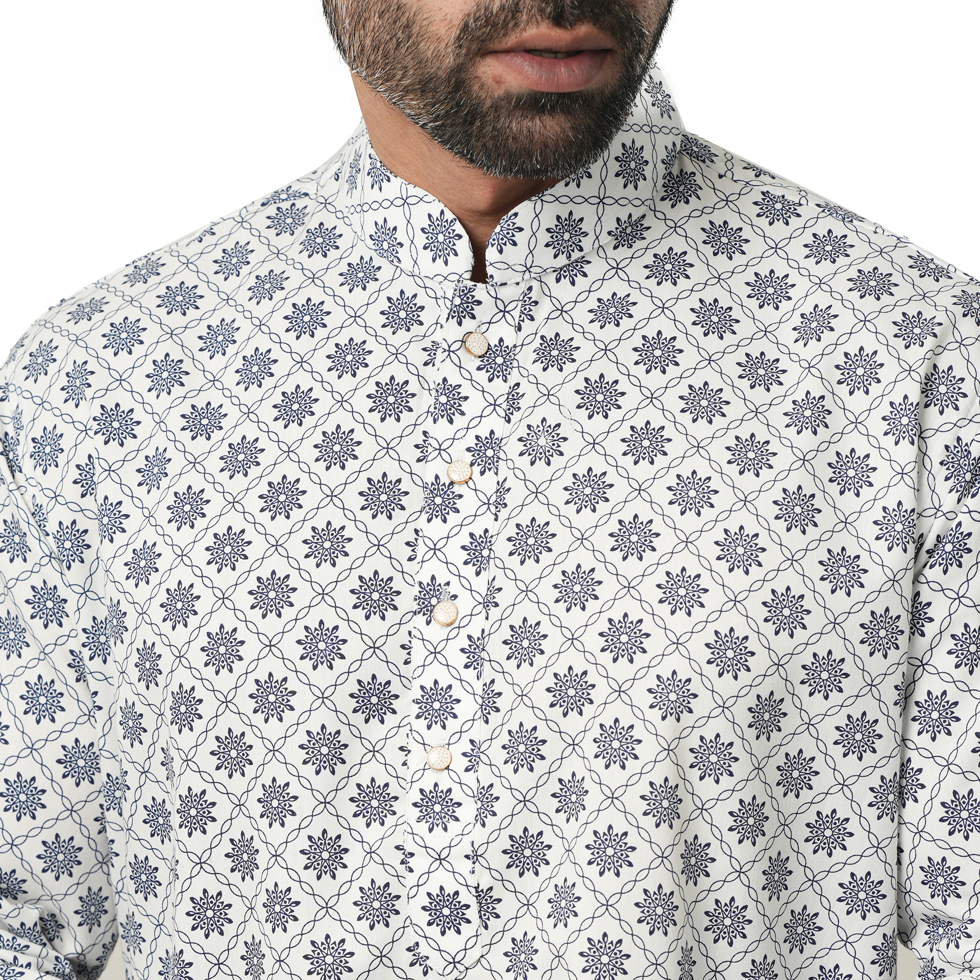 Picture of Blue and white panjabi for men new collection 2024 eid | Printed cotton panjabi for men high quality - Mens panjabi white