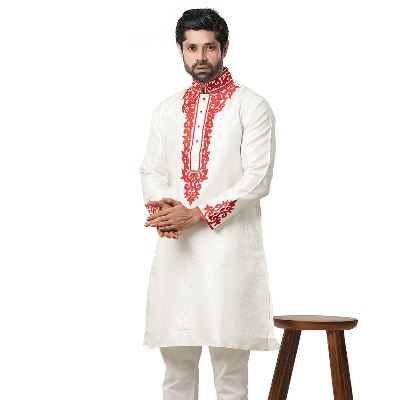 Picture of Red and white panjabi for men new collection 2024 eid | Indian katan panjabi for men