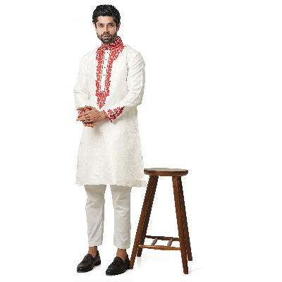 Picture of Red and white panjabi for men new collection 2024 eid | Indian katan panjabi for men
