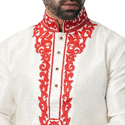 Picture of Red and white panjabi for men new collection 2024 eid | Indian katan panjabi for men