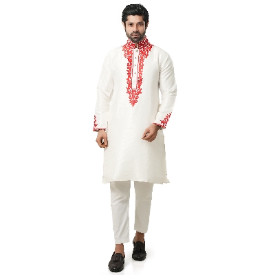 Picture of Red and white panjabi for men new collection 2024 eid | Indian katan panjabi for men