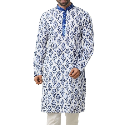 Picture of White and blue panjabi for men new collection 2024 stylist | Cotton panjabi for men new collection 2024 | Panjabi for men blue colour