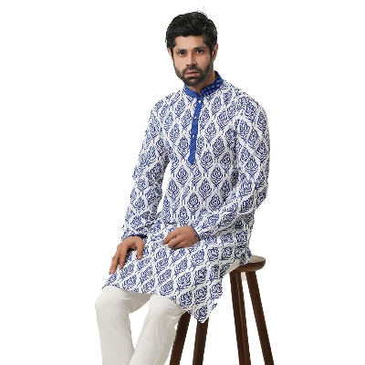 Picture of White and blue panjabi for men new collection 2024 stylist | Cotton panjabi for men new collection 2024 | Panjabi for men blue colour